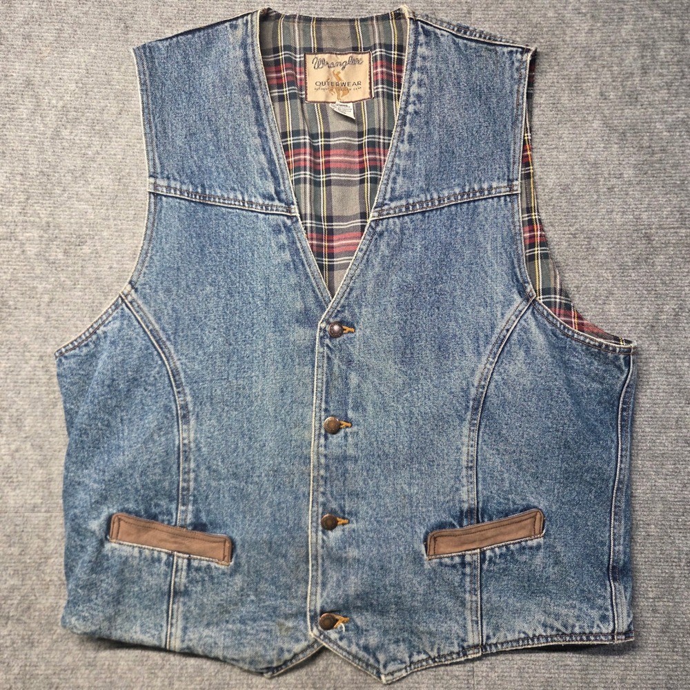 Vtg Wrangler Outerwear Mens XXL Blue Denim Plaid Lined Western Cinch Back Vest
